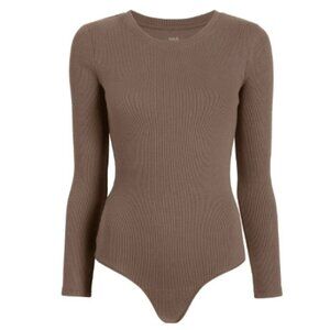 Nuuds Ribbed Mocha Long Sleeve Bodysuit Size Small Casual Fitted Preowned